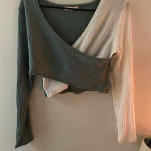 green and white wrap sweater